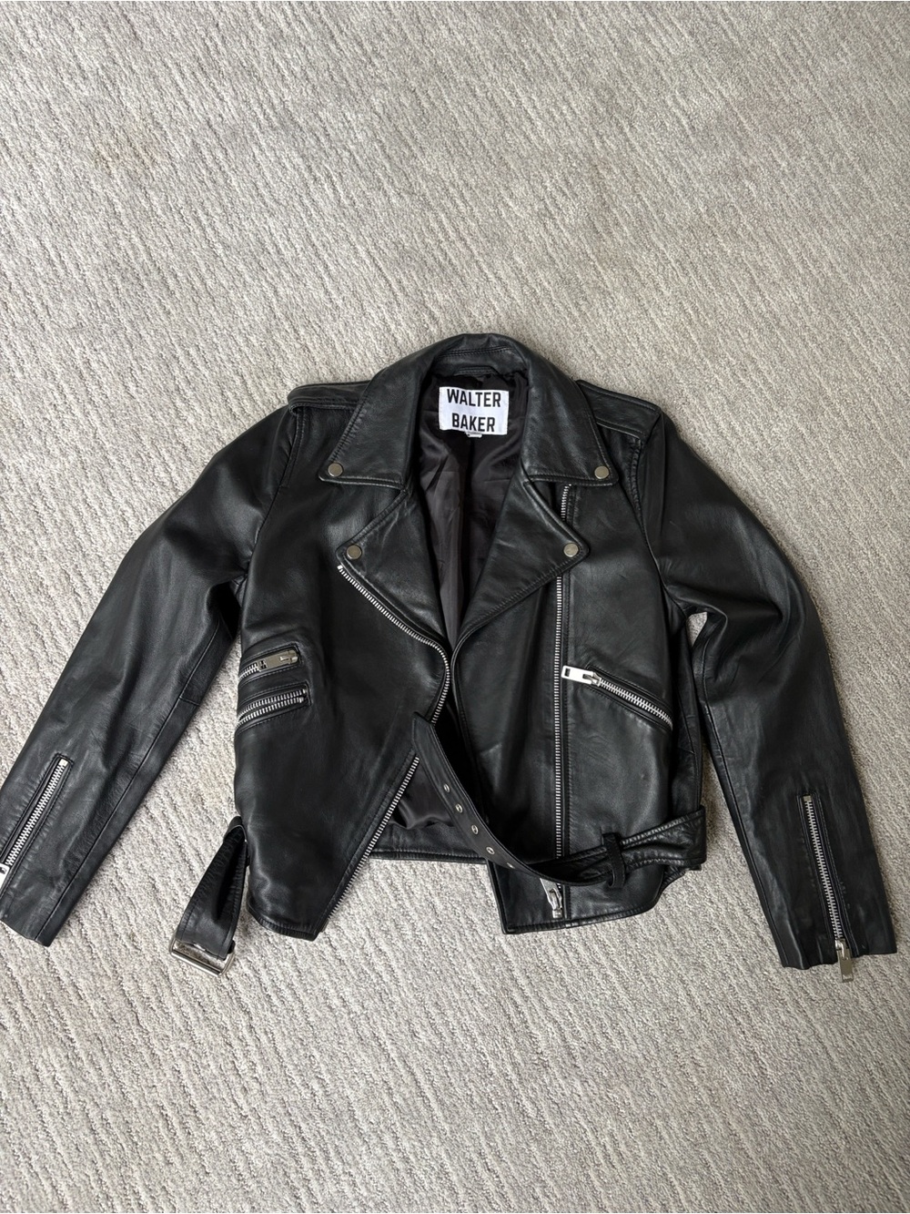 Walter Baker Black Leather Biker Jacket with Belt